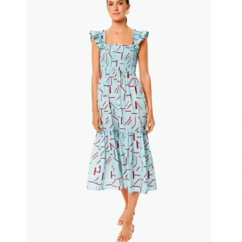 Tuckernuck Flutter Smocked Ruffle Maxi Dress Blue Red Color womens Size Medium - Picture 1 of 13